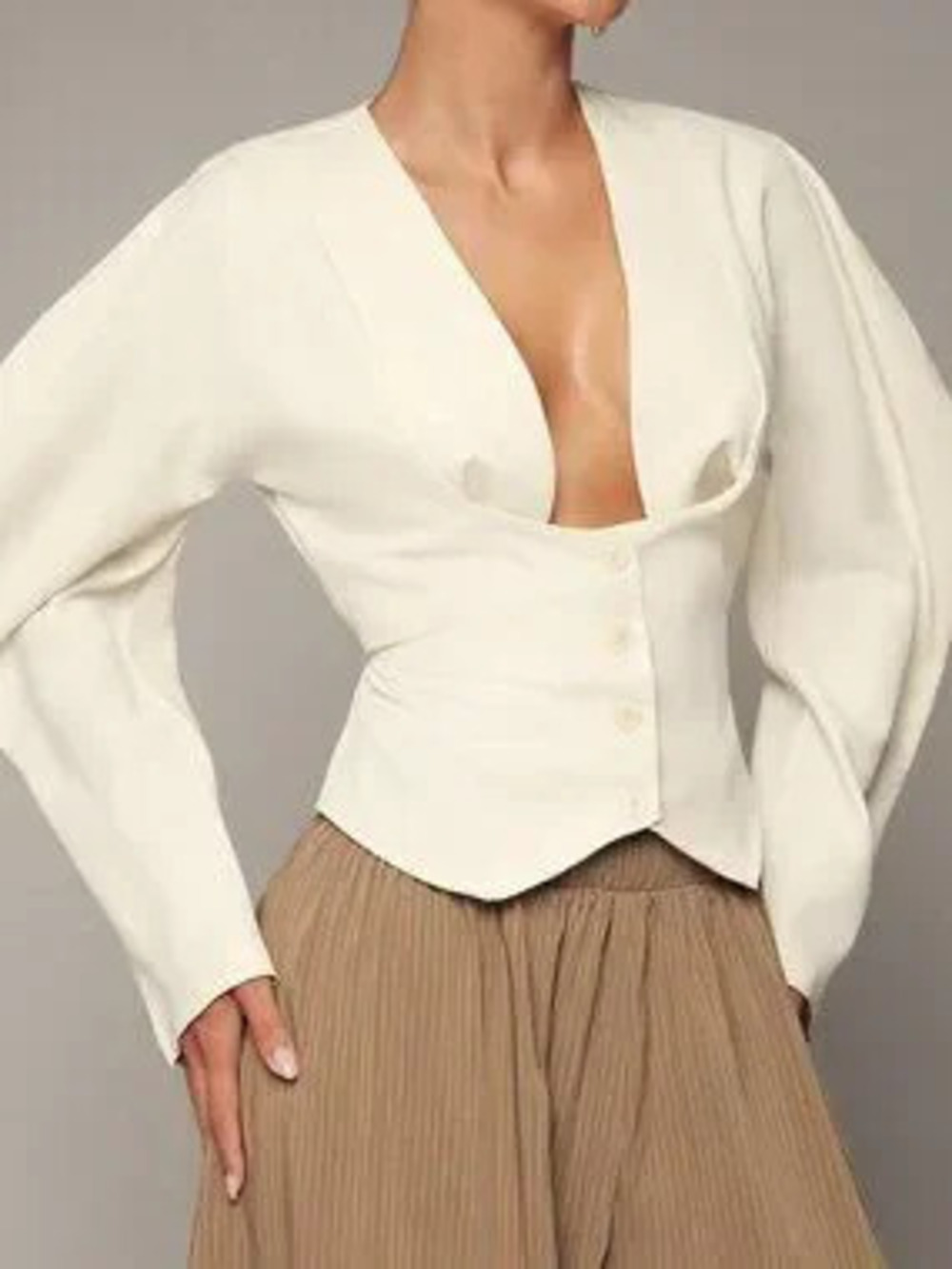 ZARA Apricot Elegant Women's Deep V-Neck Puff Long Sleeve Cropped Blouse